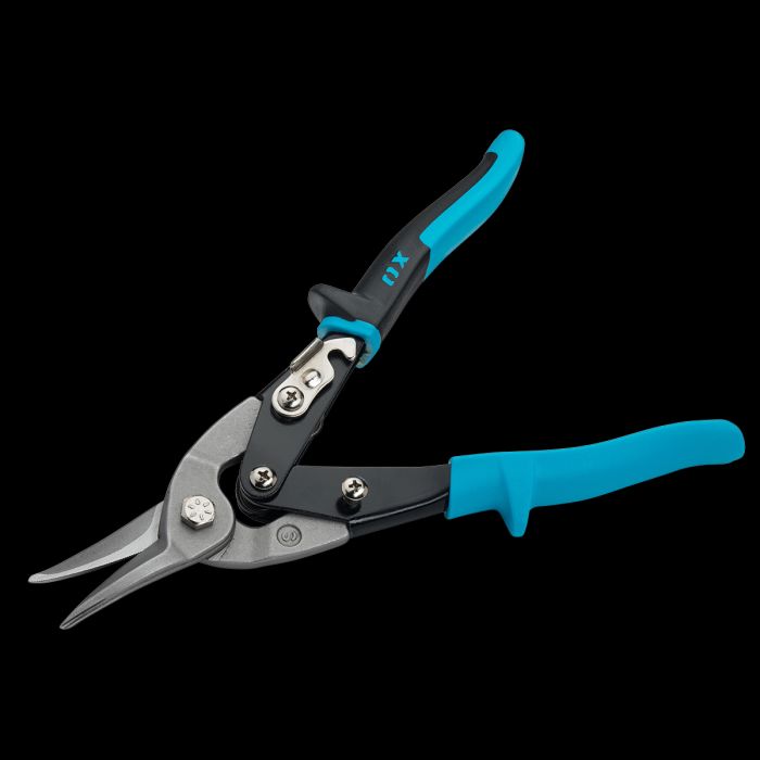 Product image with black backdrop of aviation snips. 