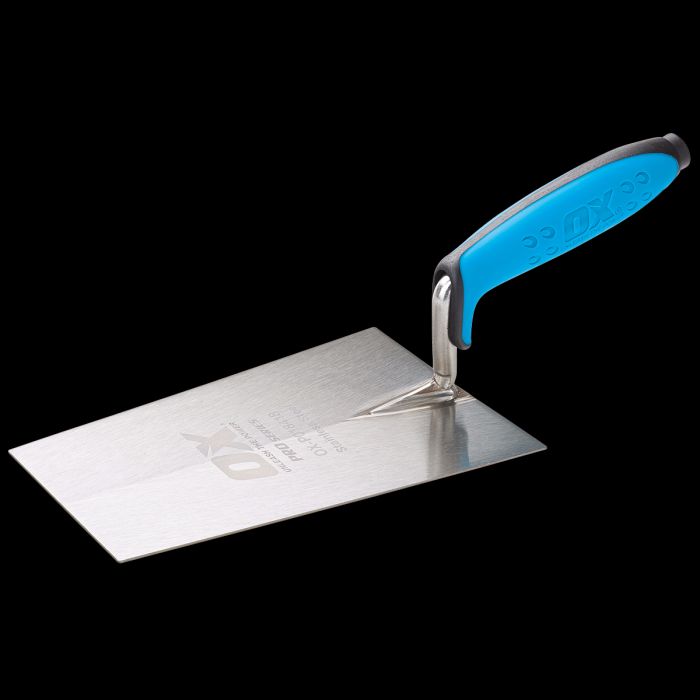 Product image with black backdrop of bucket trowel.