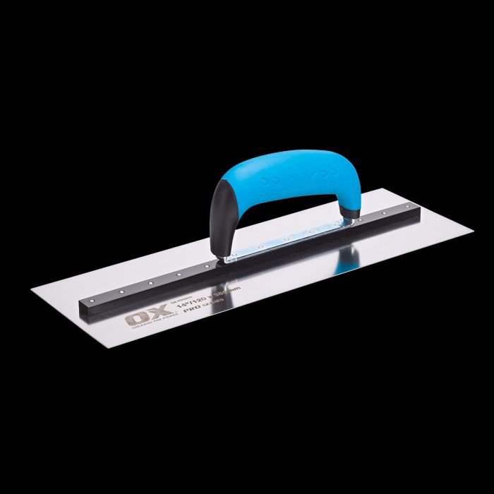 Product image with black backdrop of cement finishing trowel.