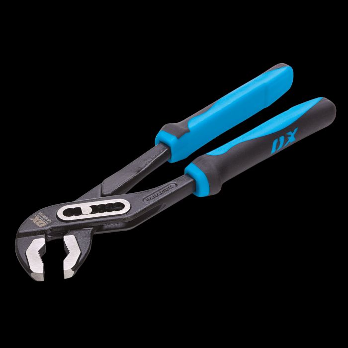 Product image with black backdrop of water pump pliers.