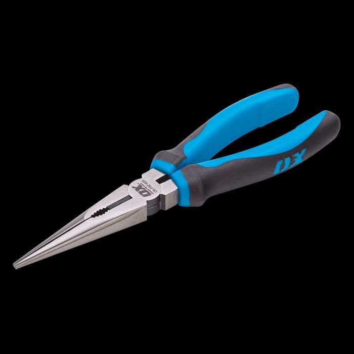 Product image with black backdrop of long nose pliers.